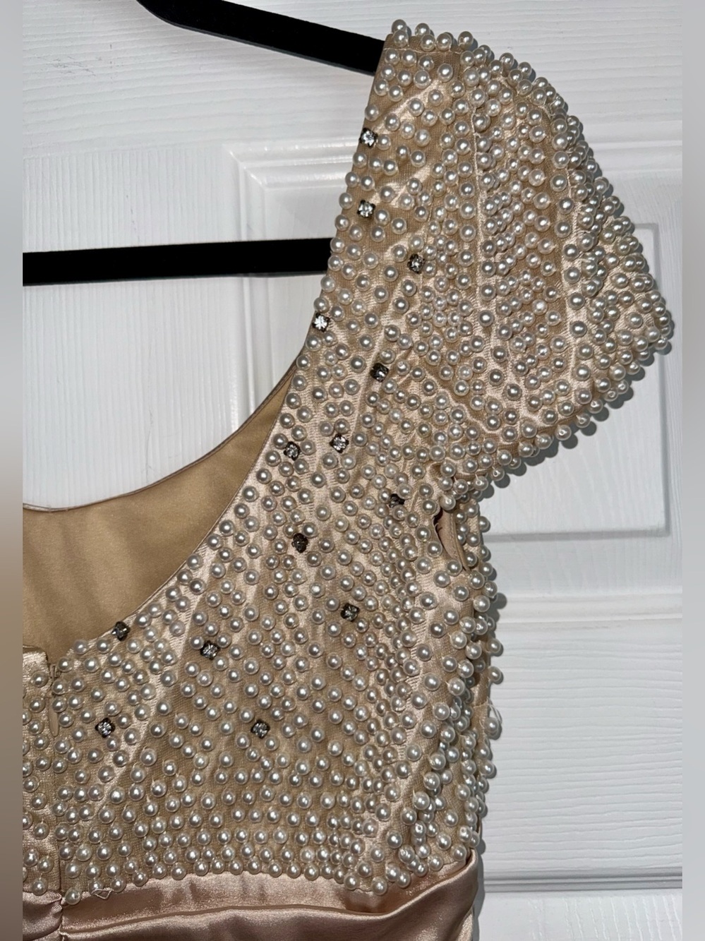 BADGLEY MISCHKA Collection Pearl Beaded Rhinestone Champagne Satin Ruched Dress - Picture 12 of 15